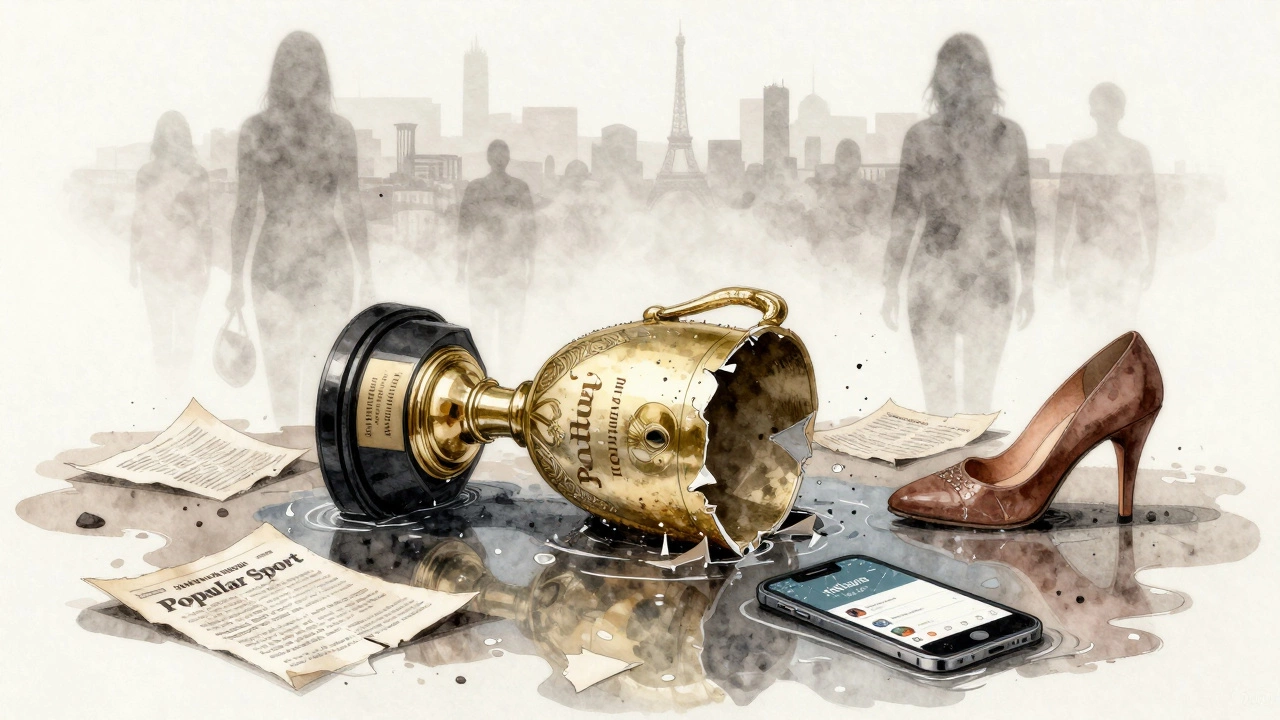 A broken trophy lies in a puddle with discarded flyers and a cracked phone, symbolizing the myth of prostitution as a sport.