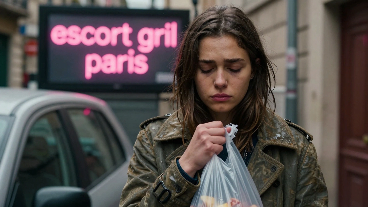 A tired young woman stands beside a car in an alley, neon &#039;escort gril paris&#039; sign glowing behind her.
