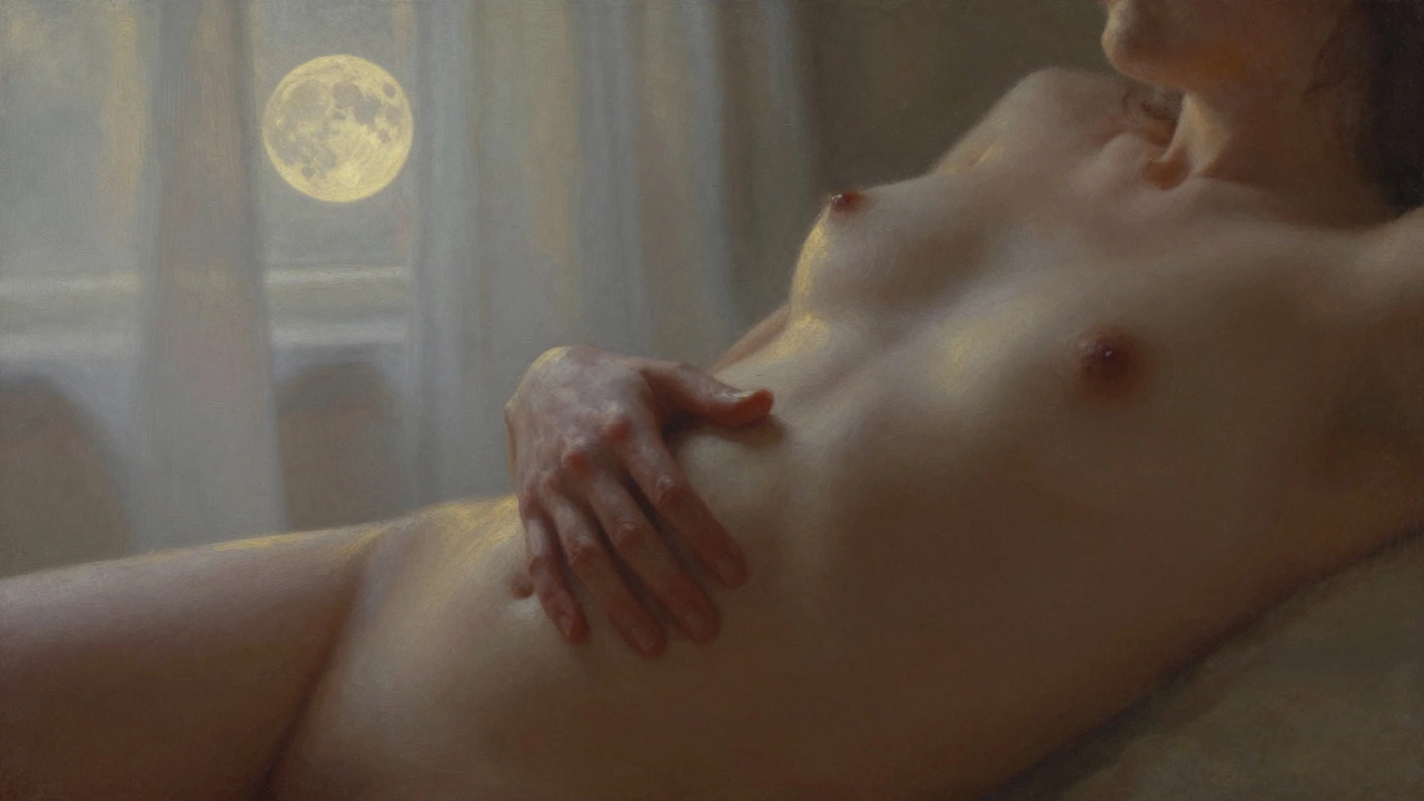 A woman&#039;s hand slowly touching her own lower abdomen in moonlight, eyes closed in quiet self-awareness.