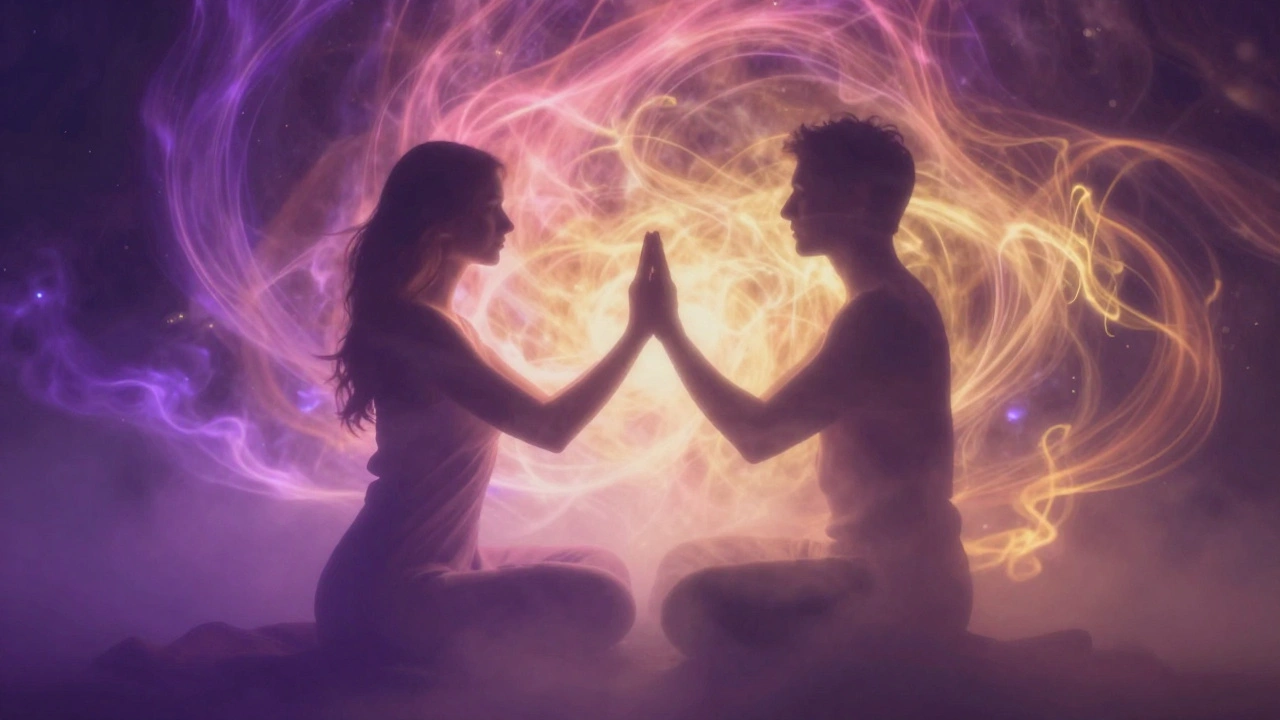 Two silhouetted figures seated face-to-face, surrounded by swirling golden and violet energy light.
